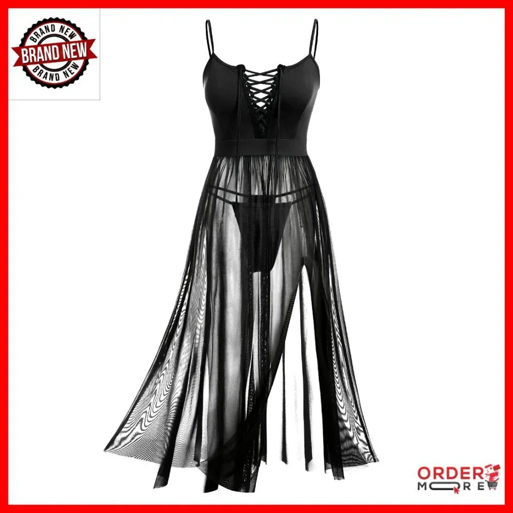 Plus Size Lace-Up Chemise Sheer Mesh Nightgown Adjustable Straps Long Gown